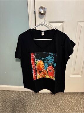 Gildan Black Short Sleeve V-Neck Tee with Multi-Color Graphic
